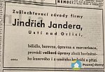 Jindřich Jandera - úpravna a bělidlo - Ústřižek z neznámého periodika, reklama na firmu Jindřicha Jandery, bez datace (Ostatní), autor: SOA Zámrsk, archivní fond Jindřich Jandera bělidlo, barevna a úpravna a mercerizace, Ústí nad Orlicí