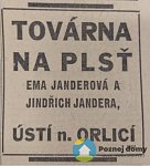 Ema Janderová a Jindřich Jandera, továrna na plst - Ústřižek z neznámého periodika, reklama na firmu Emy a Jindřicha Janderových (Ostatní), datum: SOA Zámrsk, archivní fond Ema Janderová a Jindřich Jandera, továrna na plst, Ústí nad Orlicí